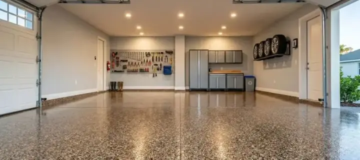 Coated home garage floor with wall storage