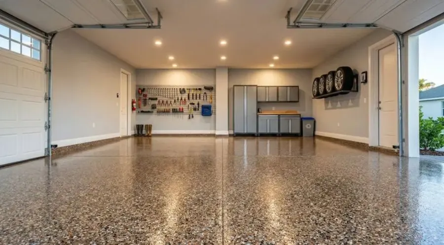 Flake epoxy garage floor, an example finish for Draper homes