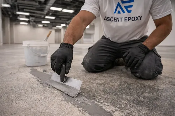 Crew member patching chipped concrete on a commercial slab