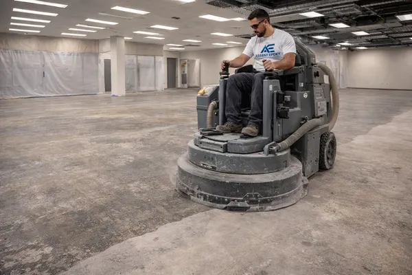 Ride-on diamond grinder preparing a commercial concrete slab