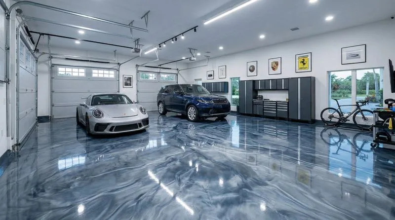 Blue metallic epoxy garage floor under two parked cars, Sandy, Utah