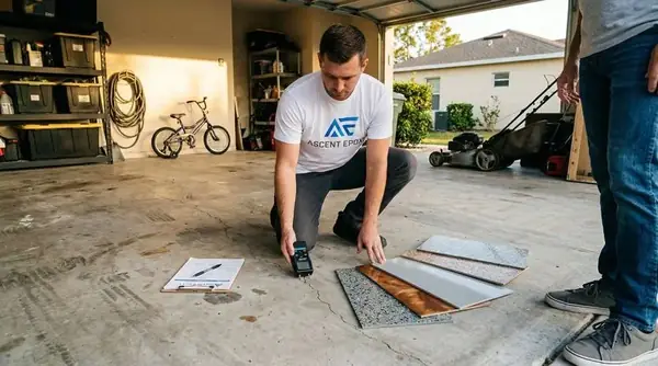 Epoxy installer checking a garage floor for moisture