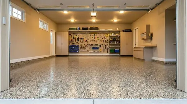 Tan flake epoxy garage floor below a storage wall, South Jordan, Utah
