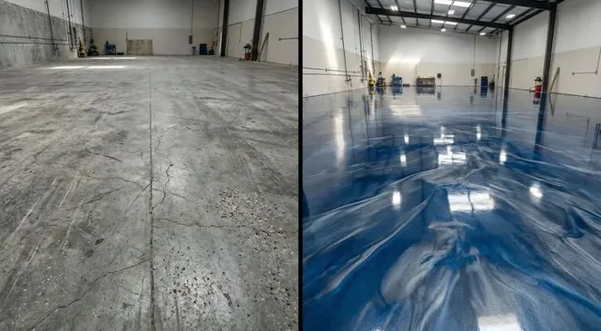 Bare gray slab beside a blue metallic epoxy finish