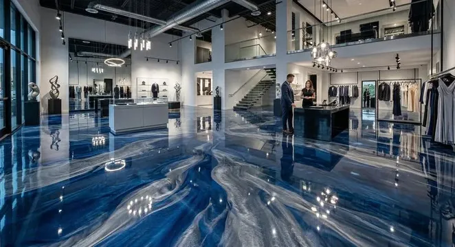 Blue metallic epoxy floor in a retail showroom, Murray, Utah