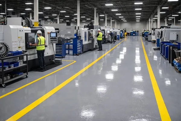 Manufacturing floor with yellow walkway lines, Midvale, Utah