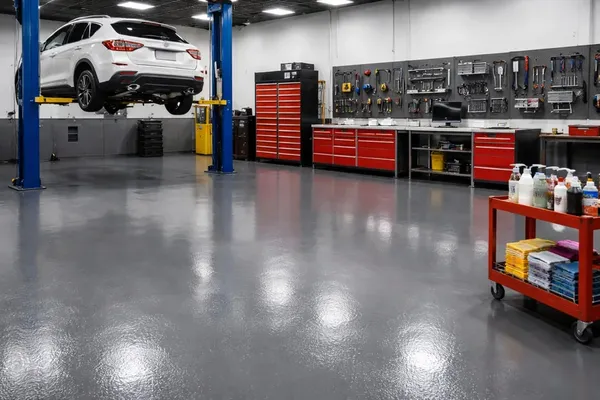 Gray gloss floor in an auto service bay, West Valley City, Utah