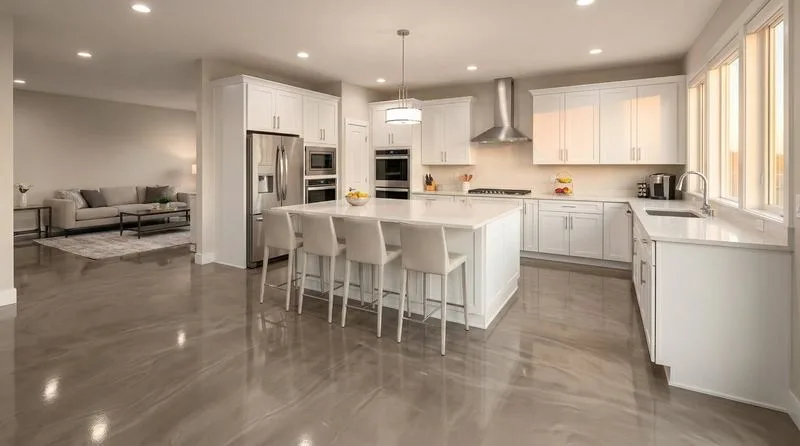 Gray metallic epoxy floor in a kitchen, Sandy, Utah