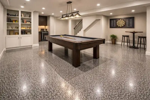 Flake epoxy floor in a game room with a pool table, Draper, Utah