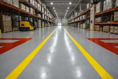 Industrial epoxy floor in a warehouse setting