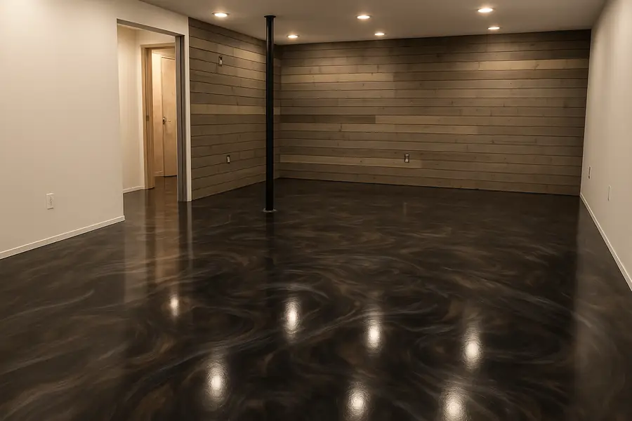 Metallic epoxy floor in a finished basement