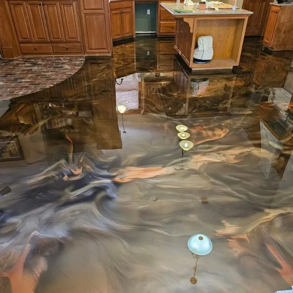 Brown and silver metallic epoxy floor in a kitchen, South Jordan, Utah