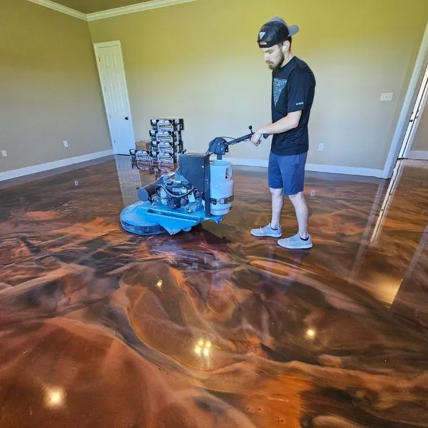 Copper metallic epoxy floor with a floor machine, Holladay, Utah