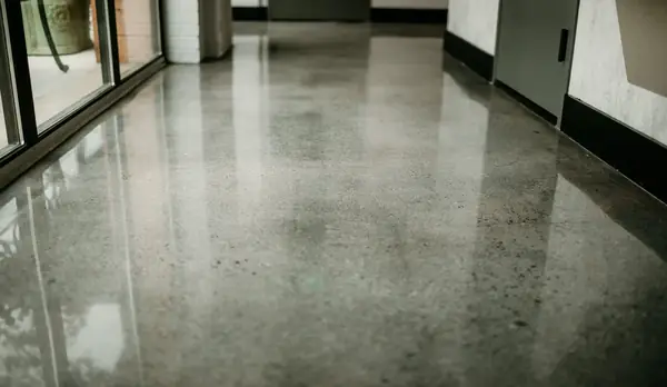 High-gloss concrete floor down a long corridor, Salt Lake City, Utah