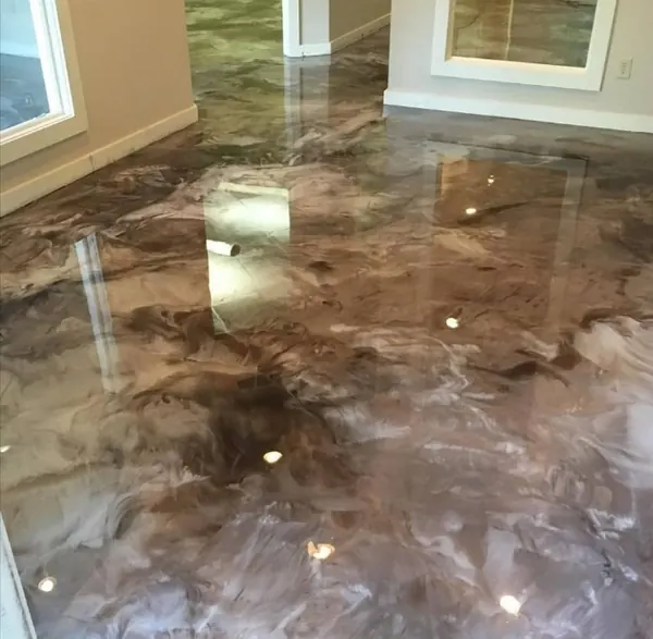 Brown and white metallic epoxy floor in a home, Draper, Utah